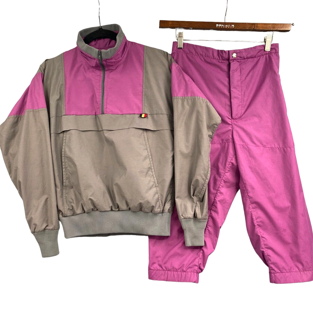 VTG 90s Sunbuster Jogger Set Womens L Pink Gray Track Suit Cropped 1/4 Zip Retro